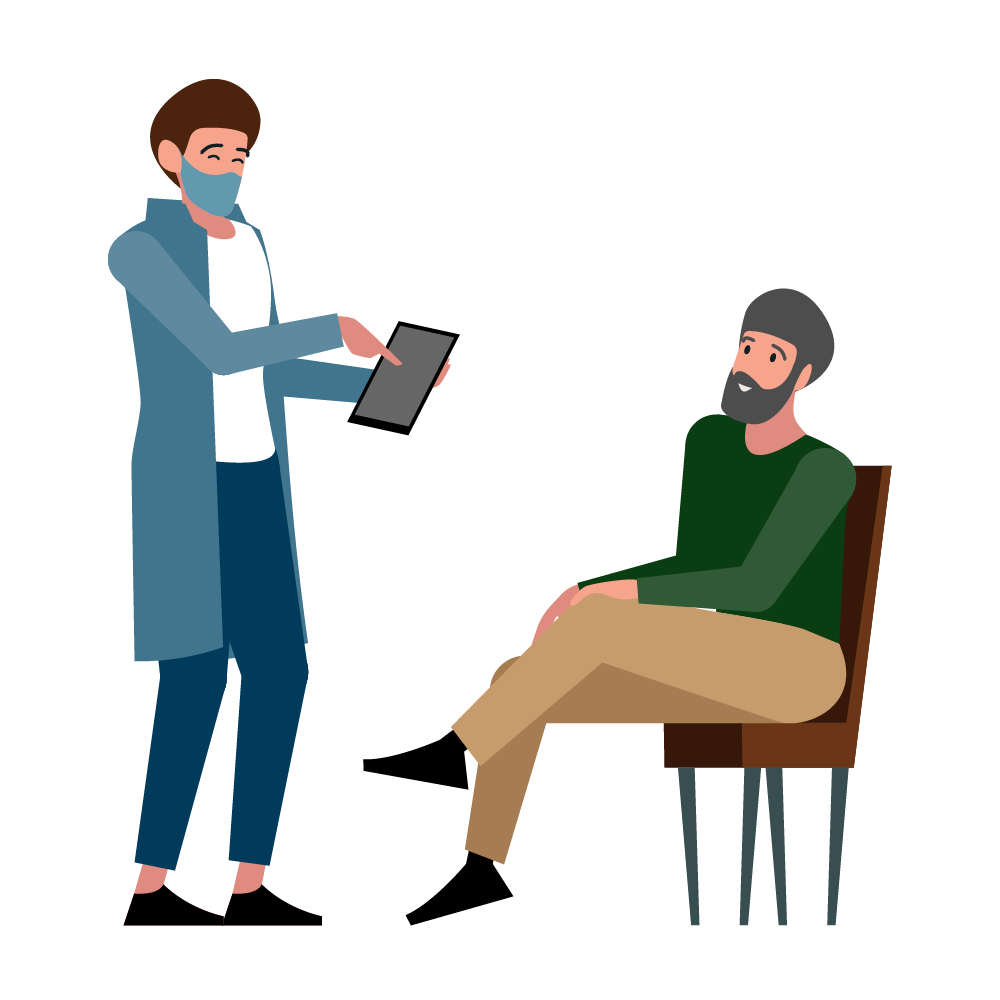Illustration representing a nurse showing a patient how to use a tablet
